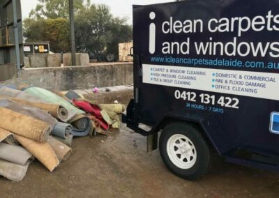 flooded carpet that has been removed and it ready for disposal, using the i clean carpets and windows trailer